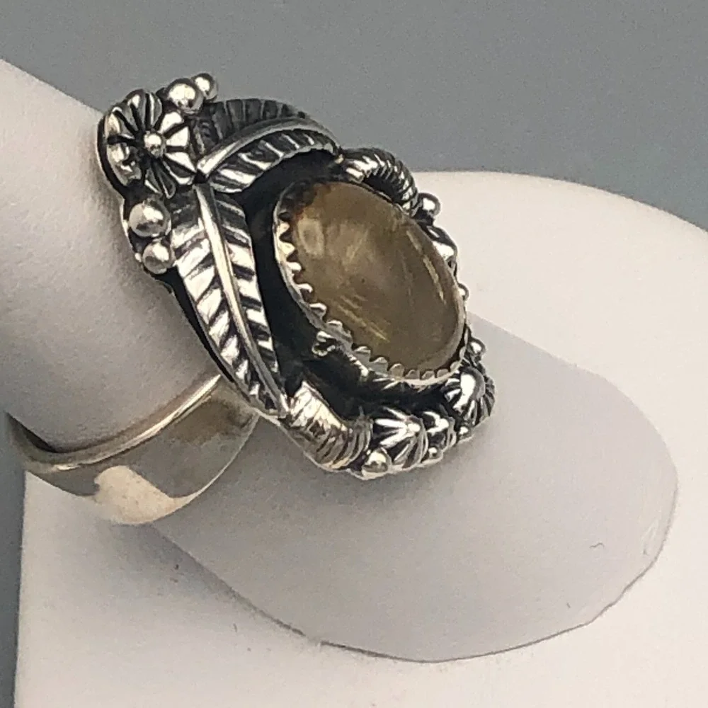 Navajo Handmade Rutilated Quartz Sterling Silver Ring Sz 8 Adjustable Flowers